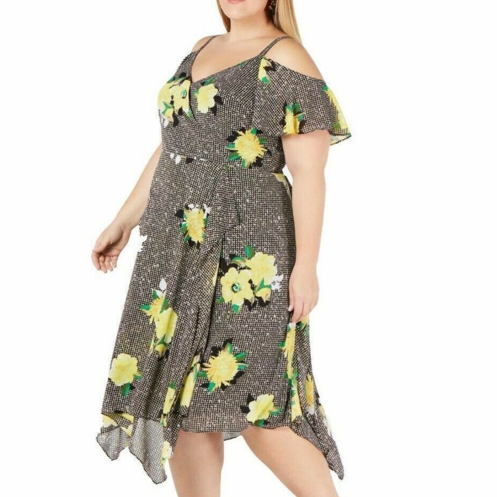INC Women's Black/Yellow Gingham Bouquet Cold-Shoulder Midi Dress Plus Size 14W